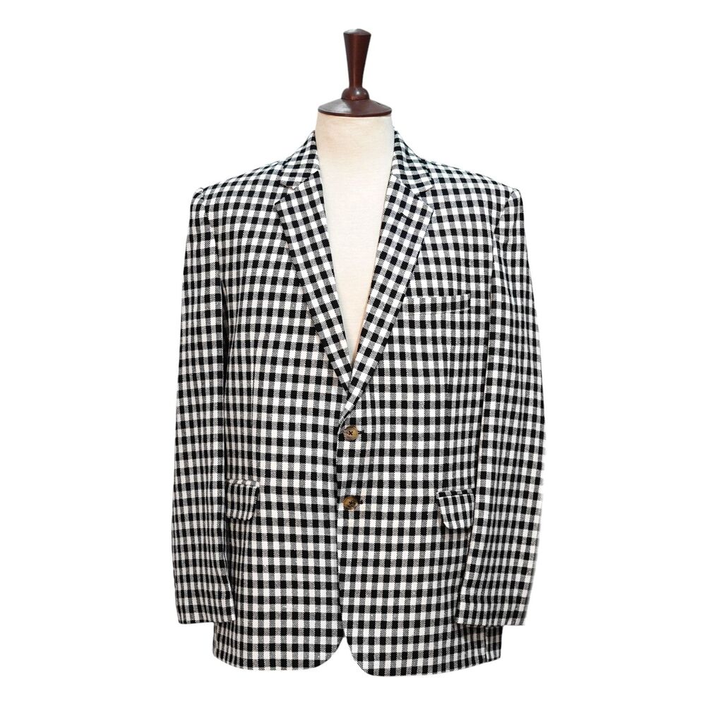 Mens Wool Sport Coat 44R Black White Gingham Check Blazer 2Btn Wedding Formal